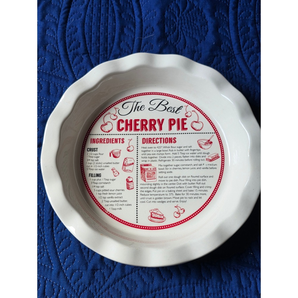 DEI The Best Cherry Pie Recipe Ceramic Dish Scalloped Red White Baker 10 inch